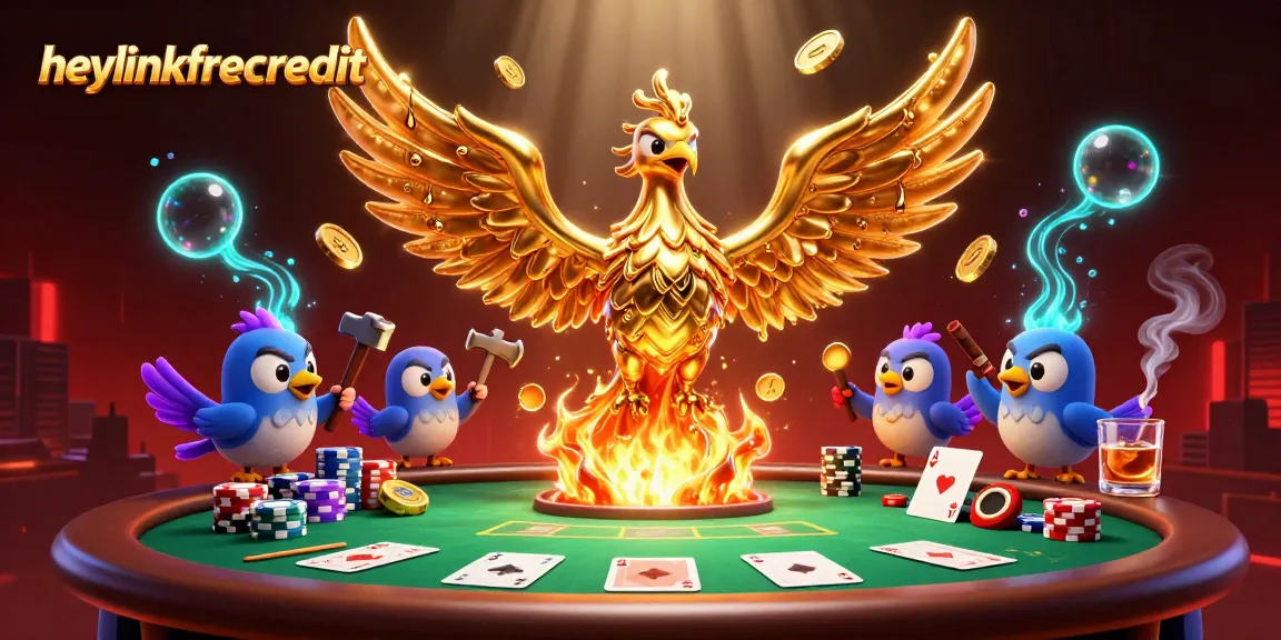 Engage with heylinkfreecredit through a vibrant casino illustration showcasing poker elements and a golden phoenix.