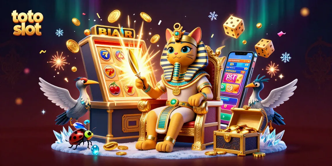 Toto slot game experience with a pharaoh cat and slot machine bursting with coins and gems.