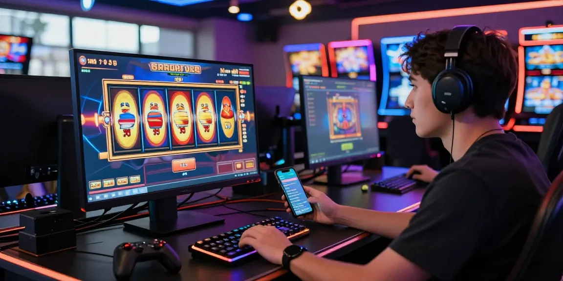 Engaged player spinning demo slot reels in vibrant online casino environment.