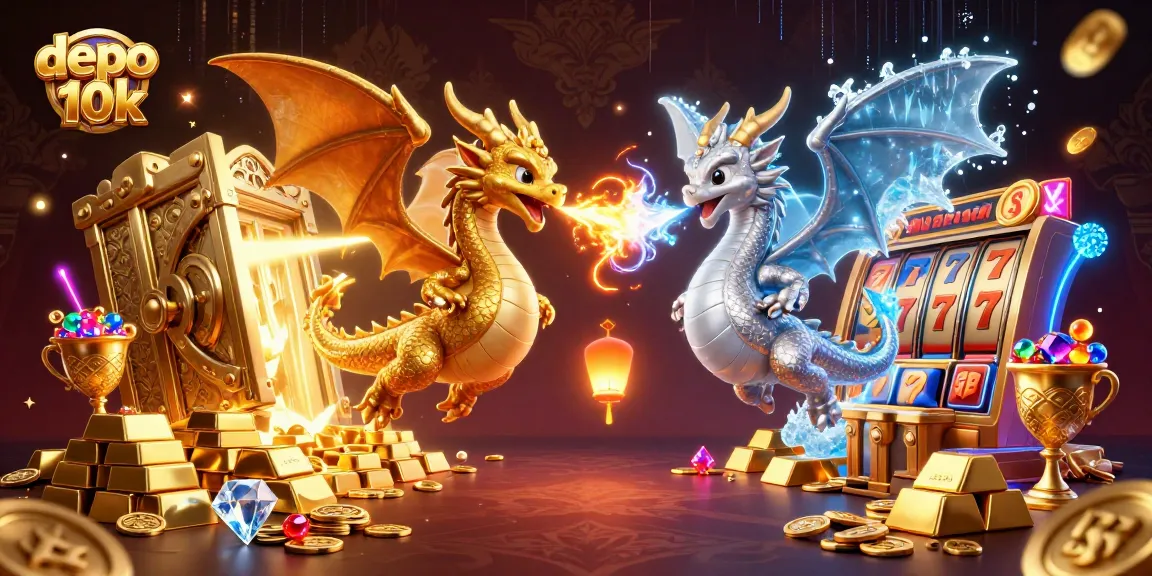 Engage with the jackpot excitement of depo 10k in a rich 3D illustration featuring dragons and treasures.