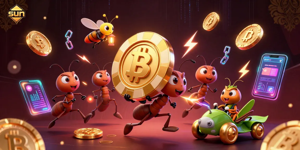 Gamble with sun logo, ants heist with golden poker chip in a vibrant casino scene.