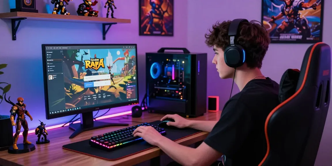 Raja Game login on a vibrant gaming setup with colorful peripherals and decor