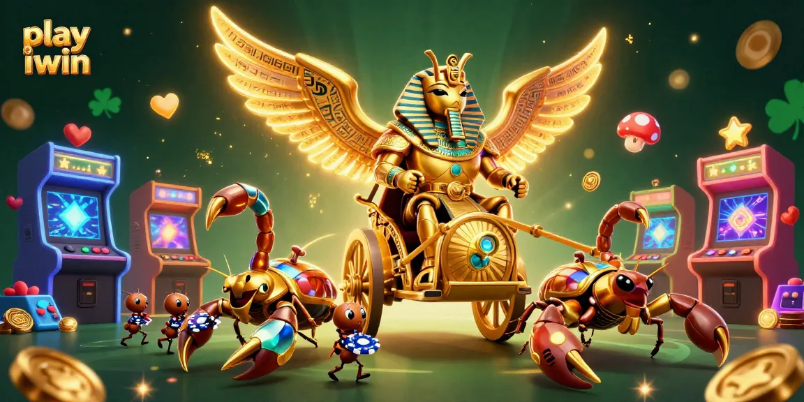 Play iwin in a vibrant 3D casino scene featuring golden scarab characters and gaming elements.
