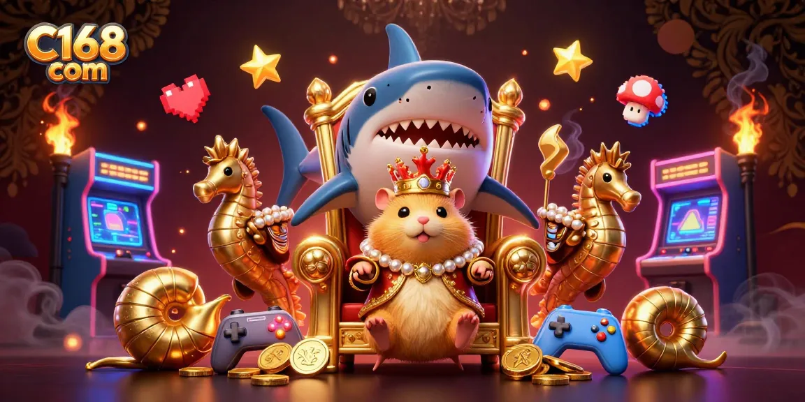 Experience C168 com's vibrant gambling scene with a golden hamster king ruling over arcade games and treasure.